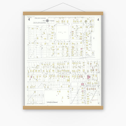 Old map wall art mockup — magnetic wood frame on white wall — Sanborn Fire Insurance Map from Higginsville, Lafayette County, Missouri (1942), Sheet #0004