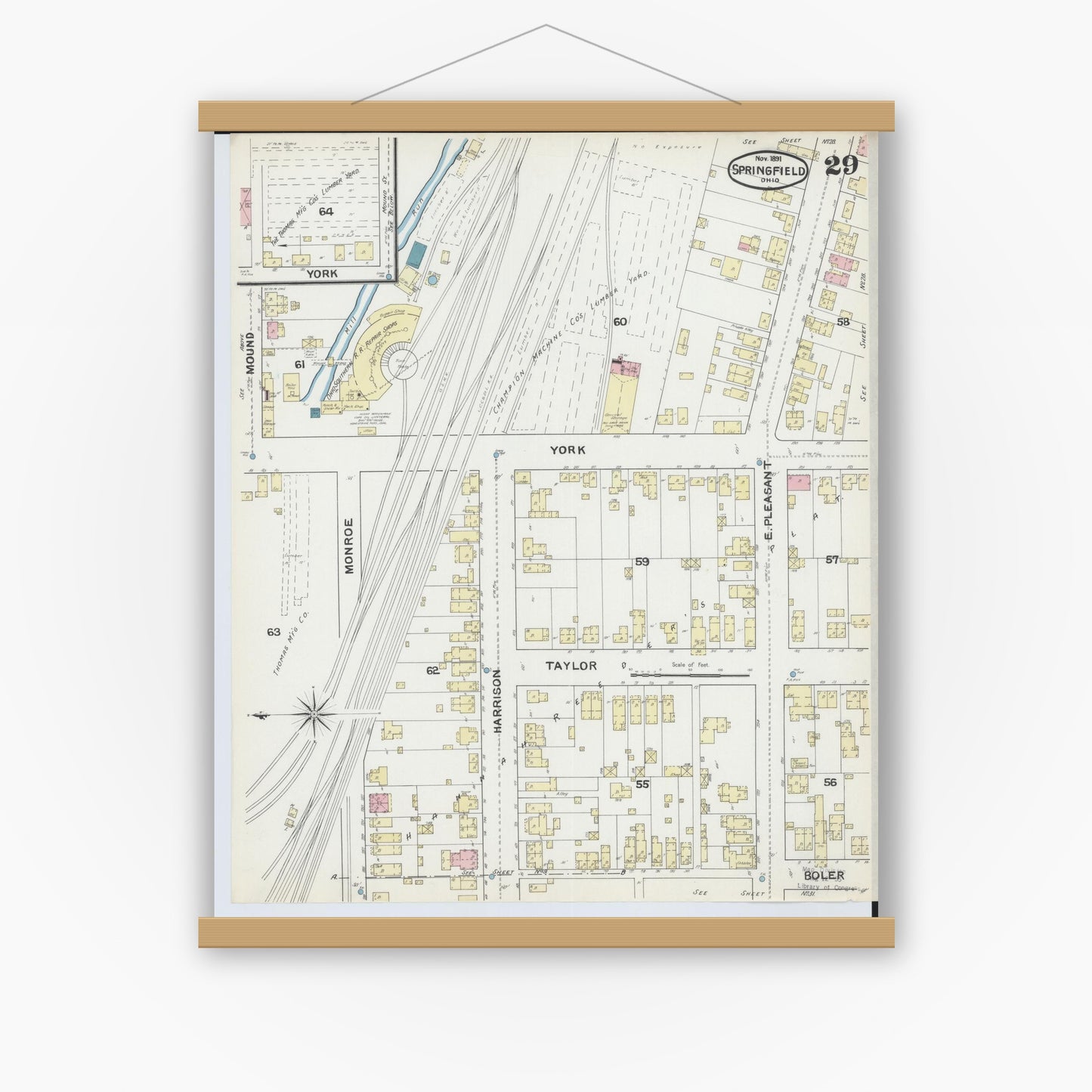 Old map wall art mockup — magnetic wood frame on white wall — Sanborn Fire Insurance Map from Springfield, Clark County, Ohio (1891), Sheet #0029