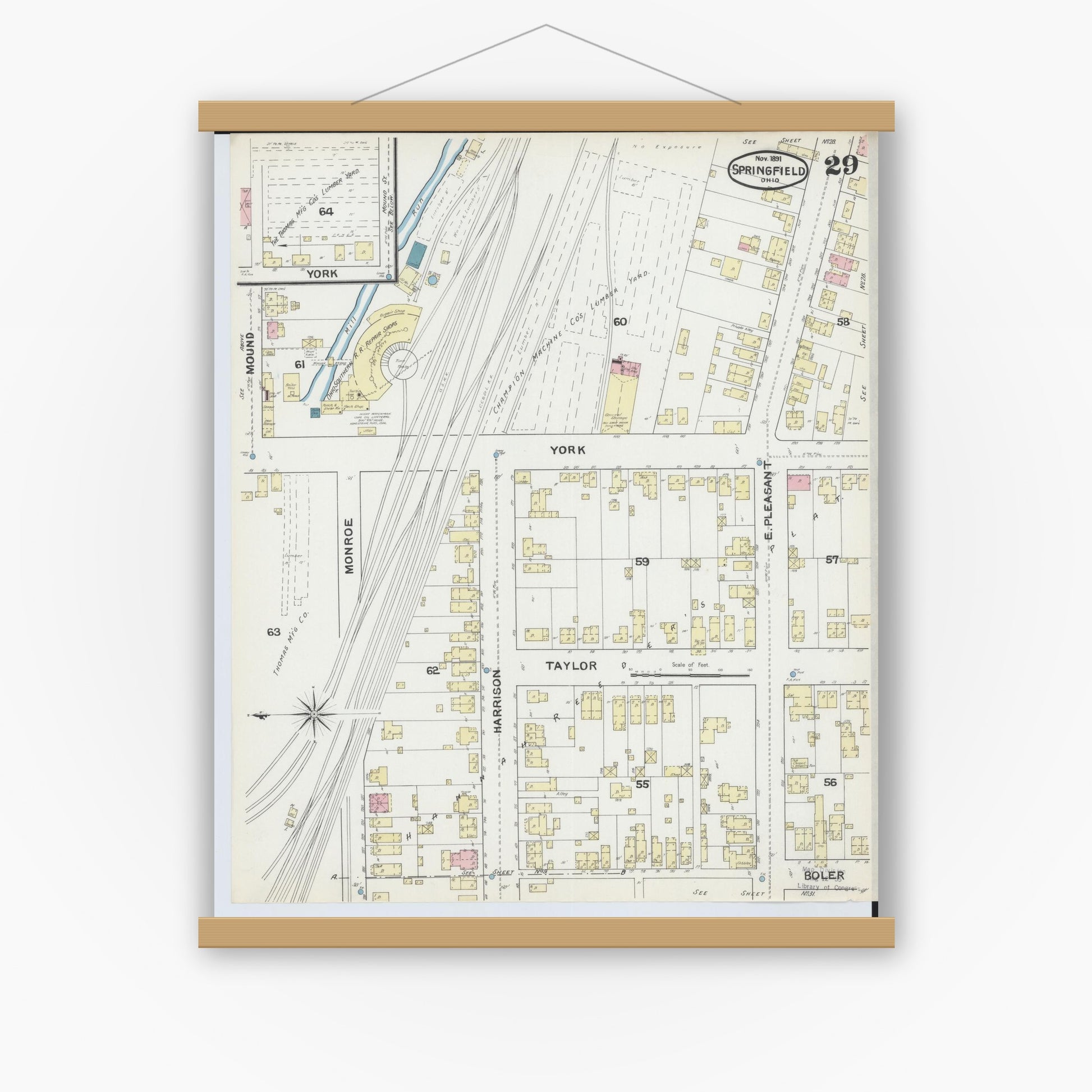 Old map wall art mockup — magnetic wood frame on white wall — Sanborn Fire Insurance Map from Springfield, Clark County, Ohio (1891), Sheet #0029