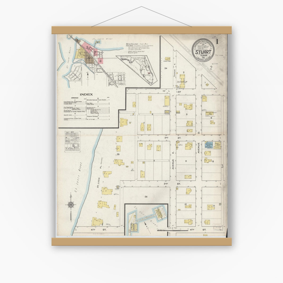 Old map wall art mockup — magnetic wood frame on white wall — Sanborn Fire Insurance Map from Stuart, Martin County, Florida (1915) - Complete Map Set