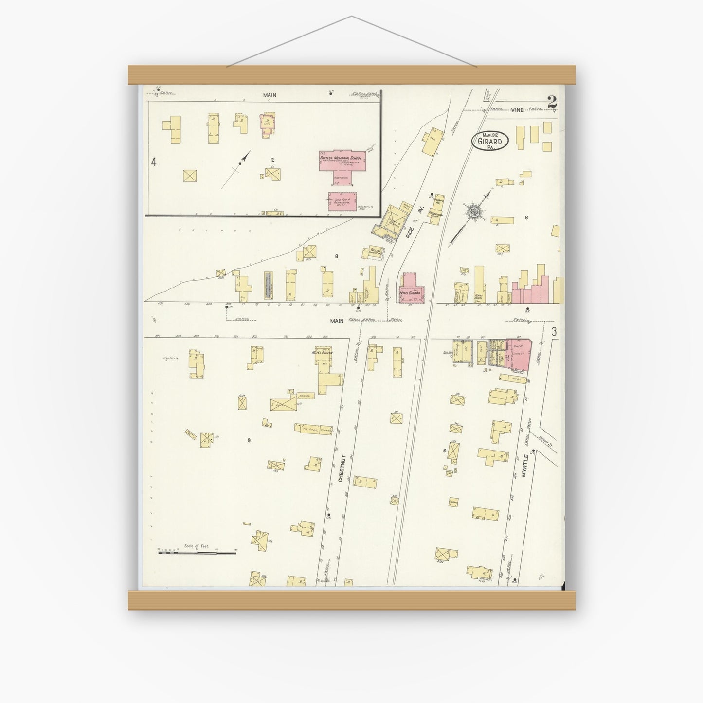 Old map wall art mockup — magnetic wood frame on white wall — Sanborn Fire Insurance Map from Girard, Erie County, Pennsylvania (1912), Sheet #0002