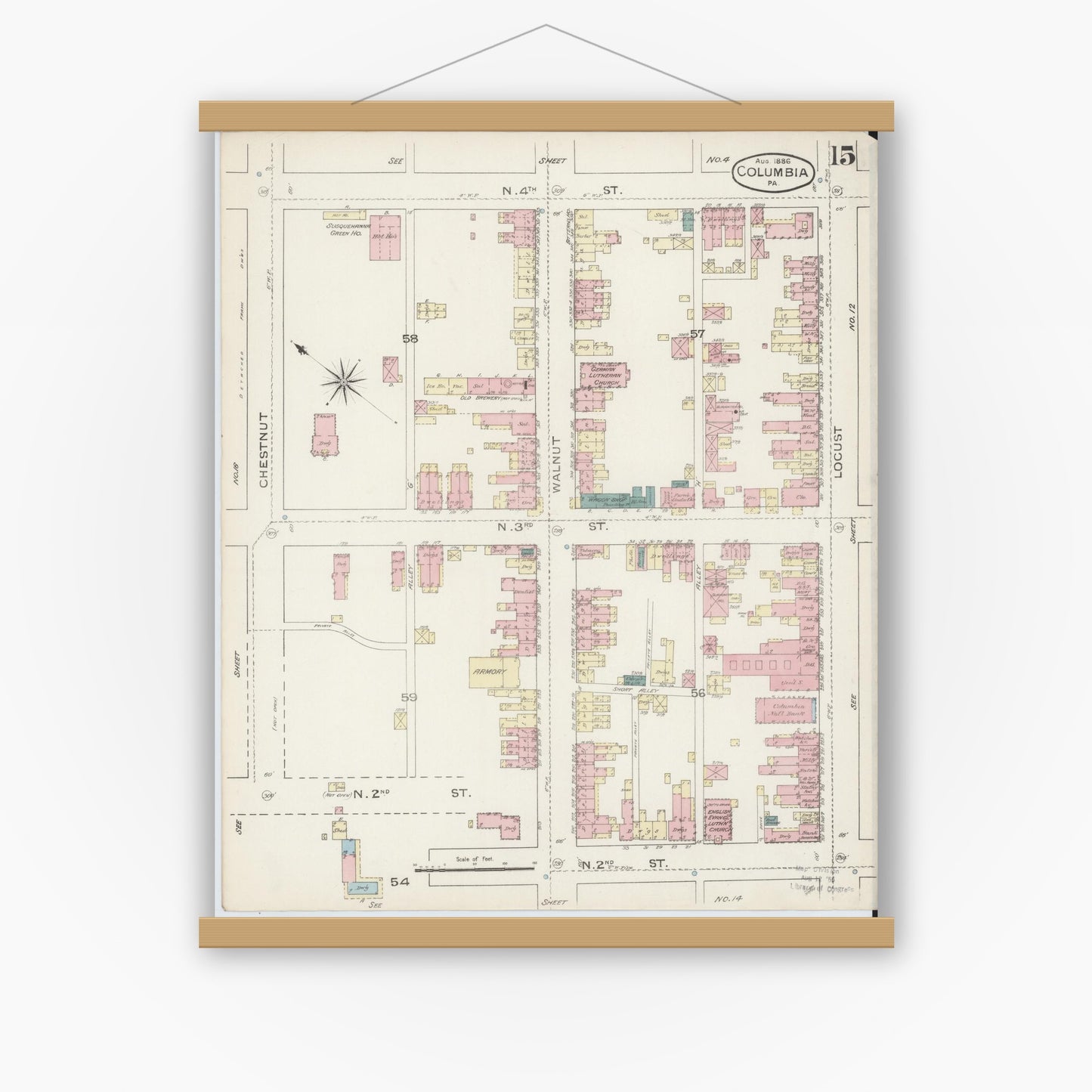 Old map wall art mockup — magnetic wood frame on white wall — Sanborn Fire Insurance Map from Columbia, Lancaster County, Pennsylvania (1886), Sheet #0015