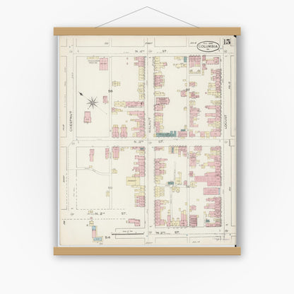 Old map wall art mockup — magnetic wood frame on white wall — Sanborn Fire Insurance Map from Columbia, Lancaster County, Pennsylvania (1886), Sheet #0015