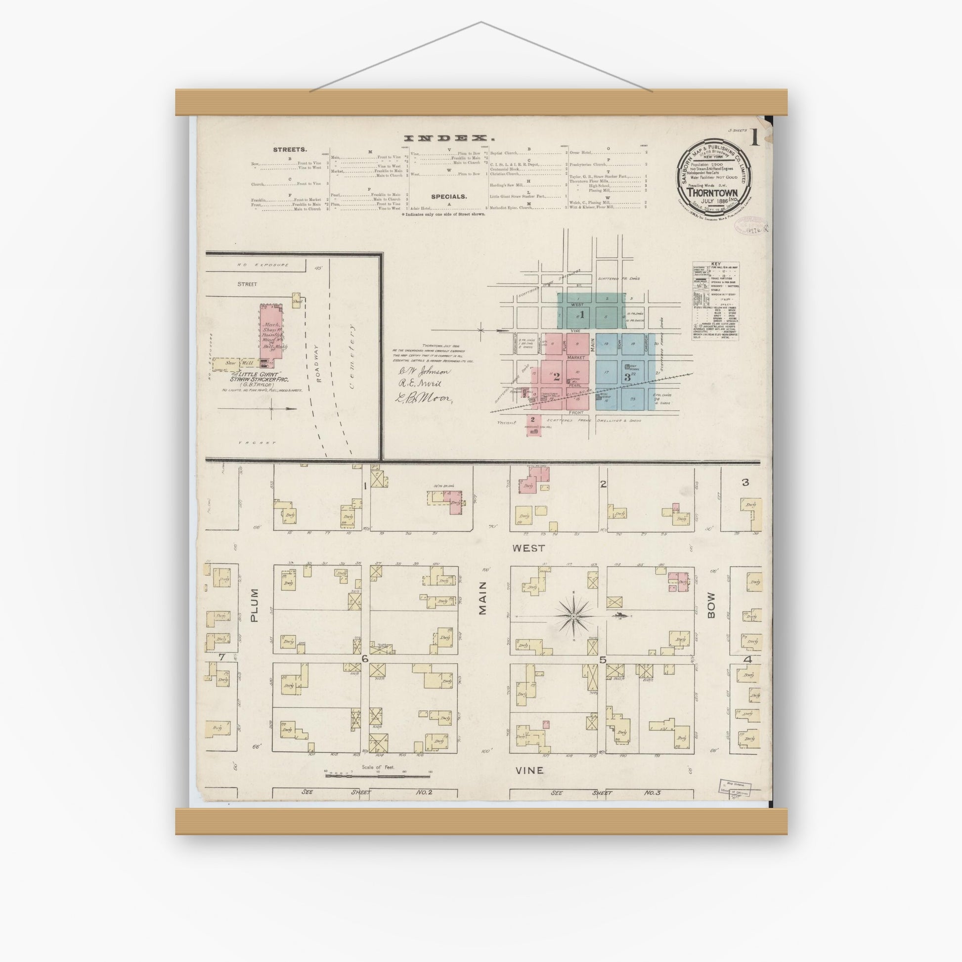 Old map wall art mockup — magnetic wood frame on white wall — Sanborn Fire Insurance Map from Thorntown, Boone County, Indiana (1886) - Complete Map Set