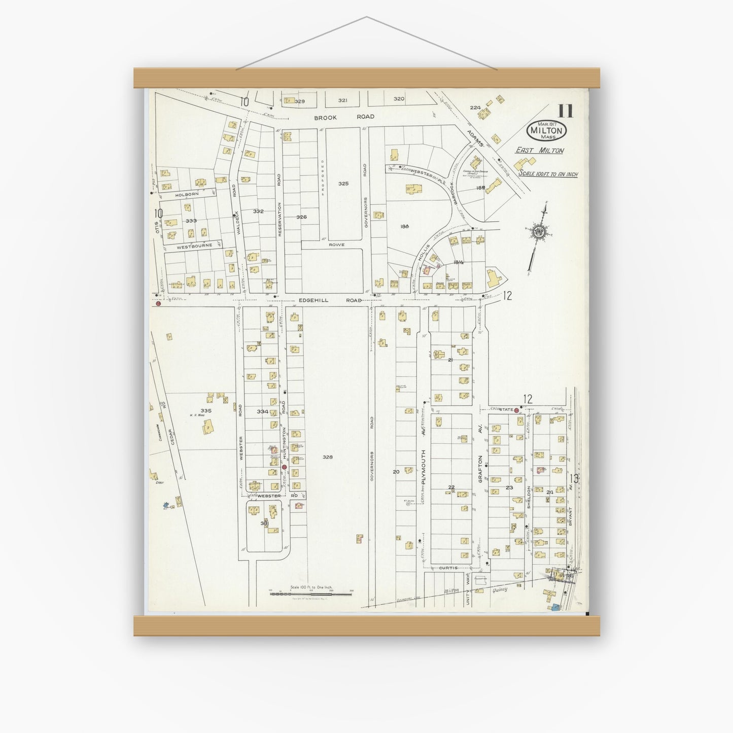 Old map wall art mockup — magnetic wood frame on white wall — Sanborn Fire Insurance Map from Milton, Norfolk County, Massachusetts (1917), Sheet #0011