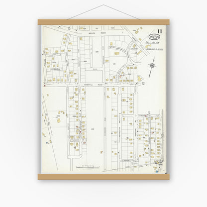 Old map wall art mockup — magnetic wood frame on white wall — Sanborn Fire Insurance Map from Milton, Norfolk County, Massachusetts (1917), Sheet #0011