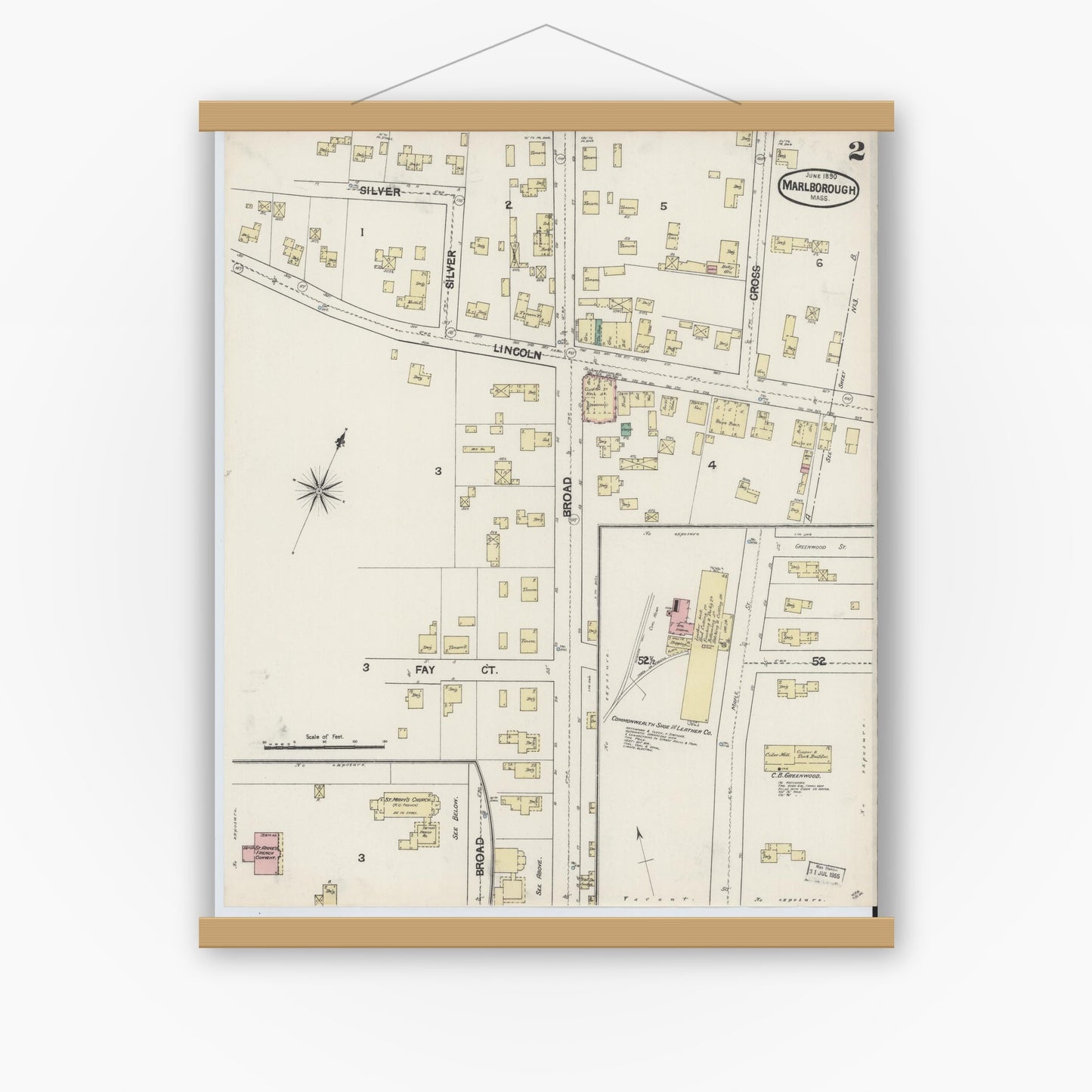 Old map wall art mockup — magnetic wood frame on white wall — Sanborn Fire Insurance Map from Marlborough, Middlesex County, Massachusetts (1890), Sheet #0002