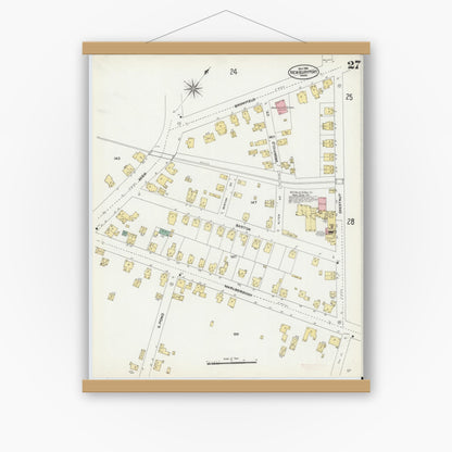 Old map wall art mockup — magnetic wood frame on white wall — Sanborn Fire Insurance Map from Newburyport, Essex County, Massachusetts (1906), Sheet #0027