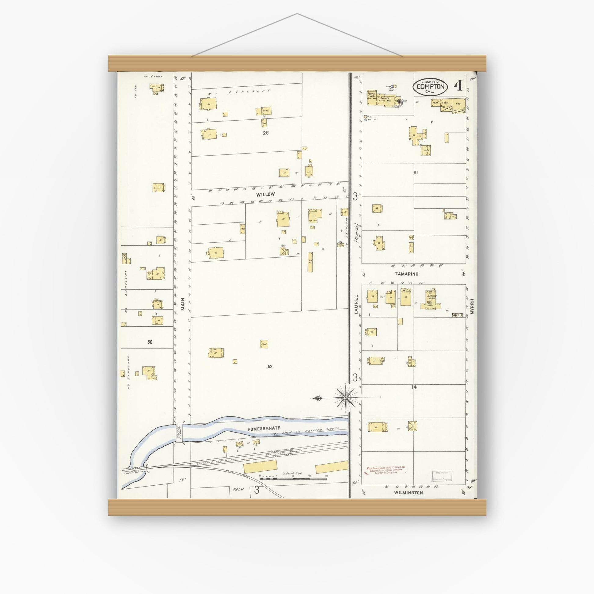 Old map wall art mockup — magnetic wood frame on white wall — Sanborn Fire Insurance Map from Compton, Los Angeles County, California (1907), Sheet #0004