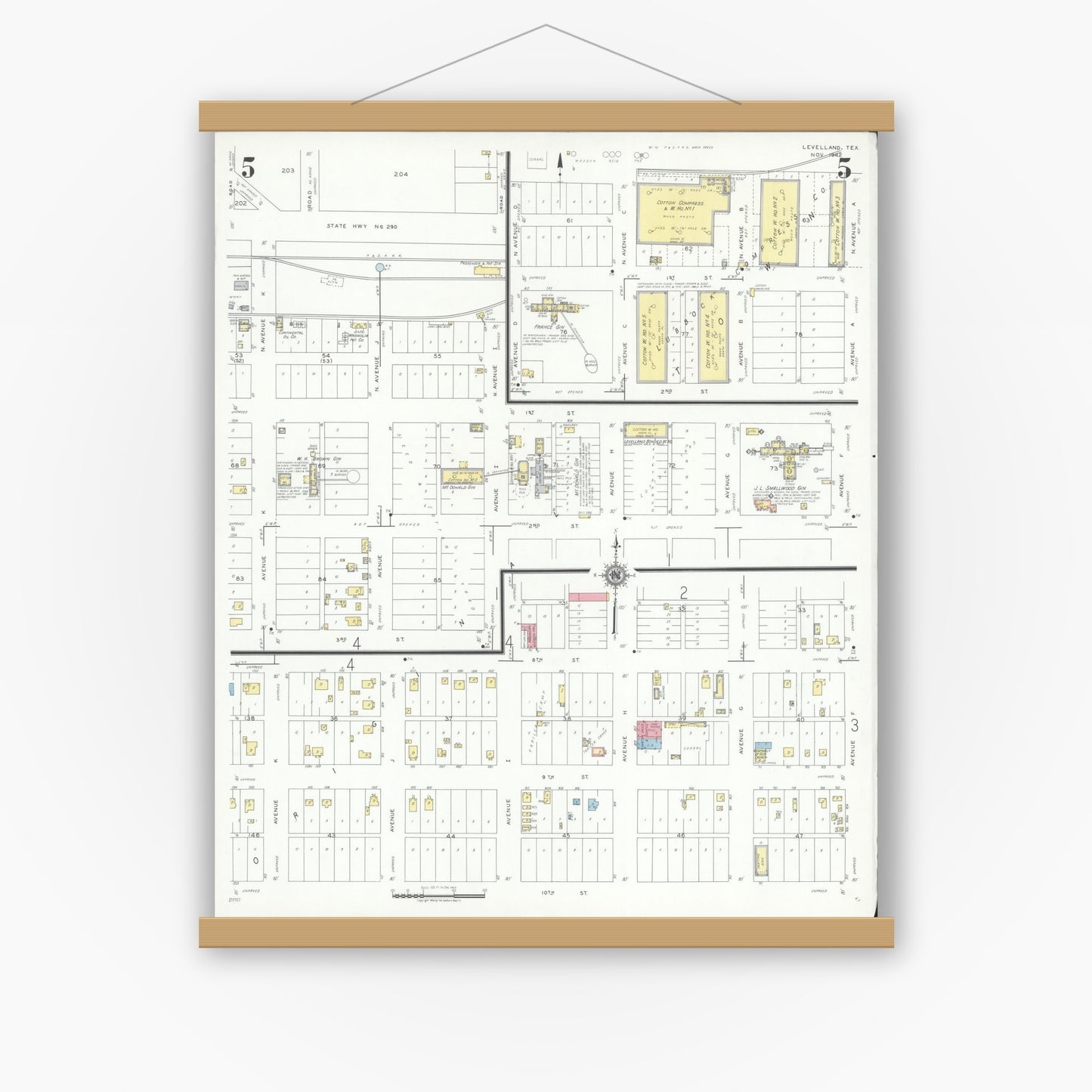 Old map wall art mockup — magnetic wood frame on white wall — Sanborn Fire Insurance Map from Levelland, Hockley County, Texas (1942), Sheet #0005