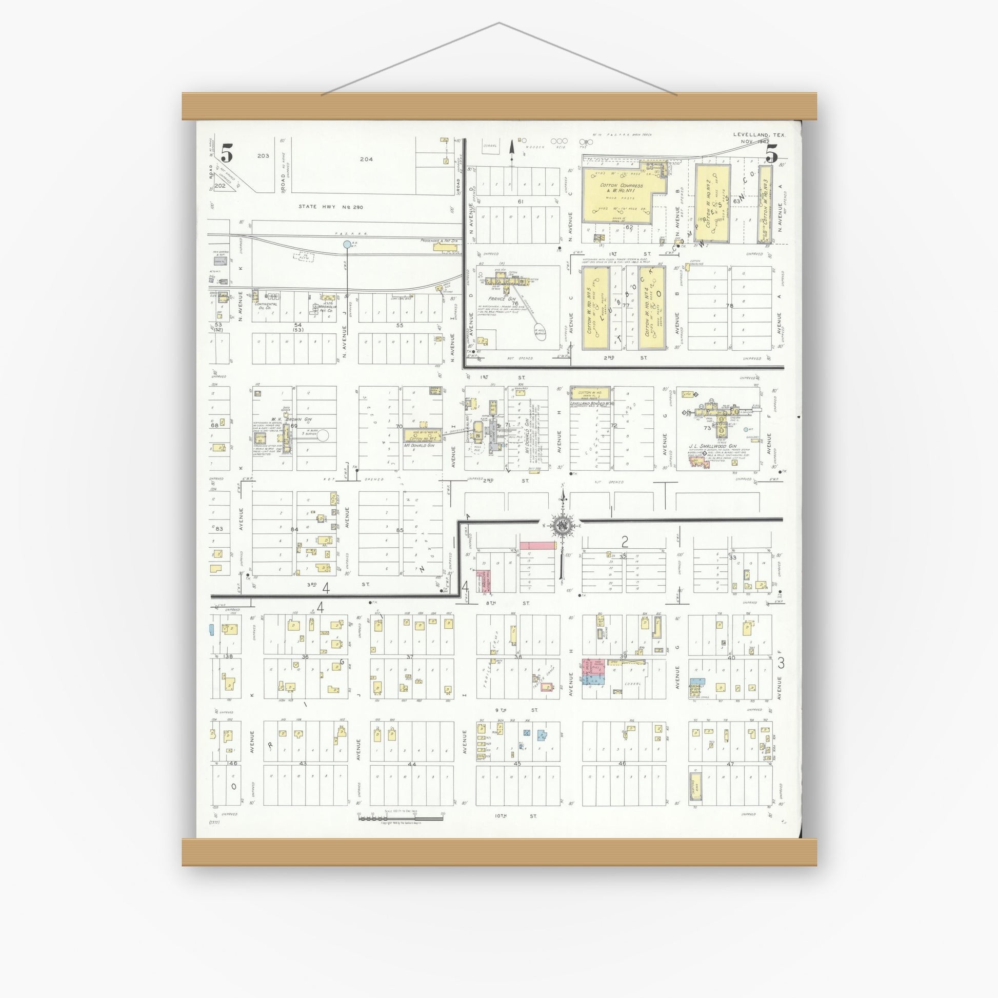 Old map wall art mockup — magnetic wood frame on white wall — Sanborn Fire Insurance Map from Levelland, Hockley County, Texas (1942), Sheet #0005