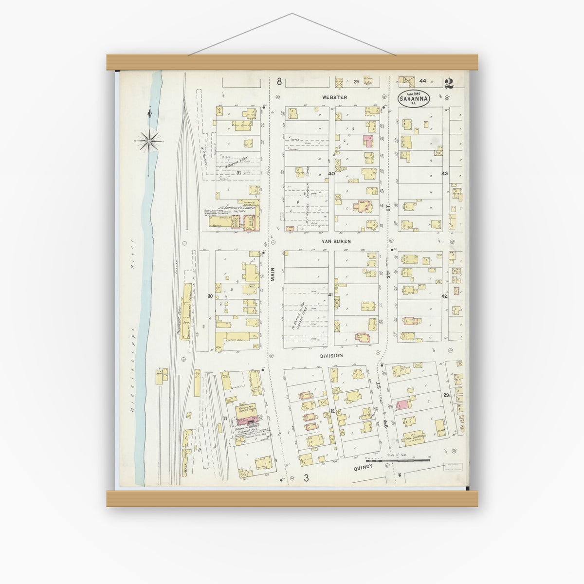 Old map wall art mockup — magnetic wood frame on white wall — Sanborn Fire Insurance Map from Savanna, Carroll County, Illinois (1897), Sheet #0002