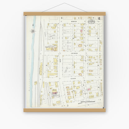 Old map wall art mockup — magnetic wood frame on white wall — Sanborn Fire Insurance Map from Savanna, Carroll County, Illinois (1897), Sheet #0002