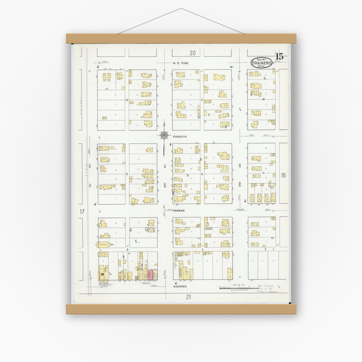Old map wall art mockup — magnetic wood frame on white wall — Sanborn Fire Insurance Map from Brainerd, Crow Wing County, Minnesota (1917), Sheet #0015
