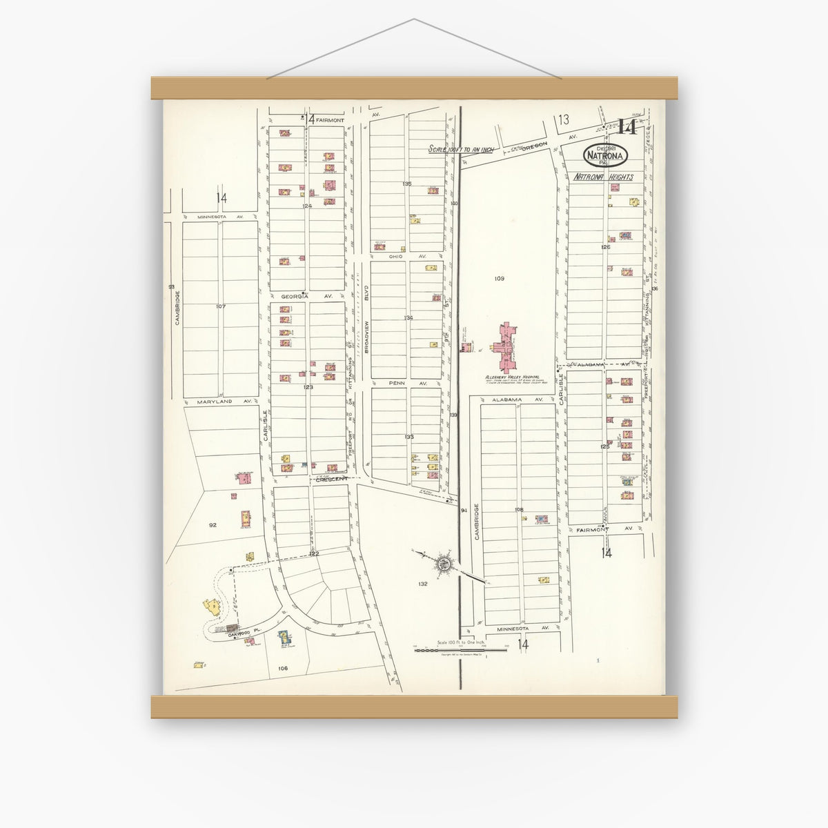 Old map wall art mockup — magnetic wood frame on white wall — Sanborn Fire Insurance Map from Natrona, Allegheny County, Pennsylvania (1921), Sheet #0014