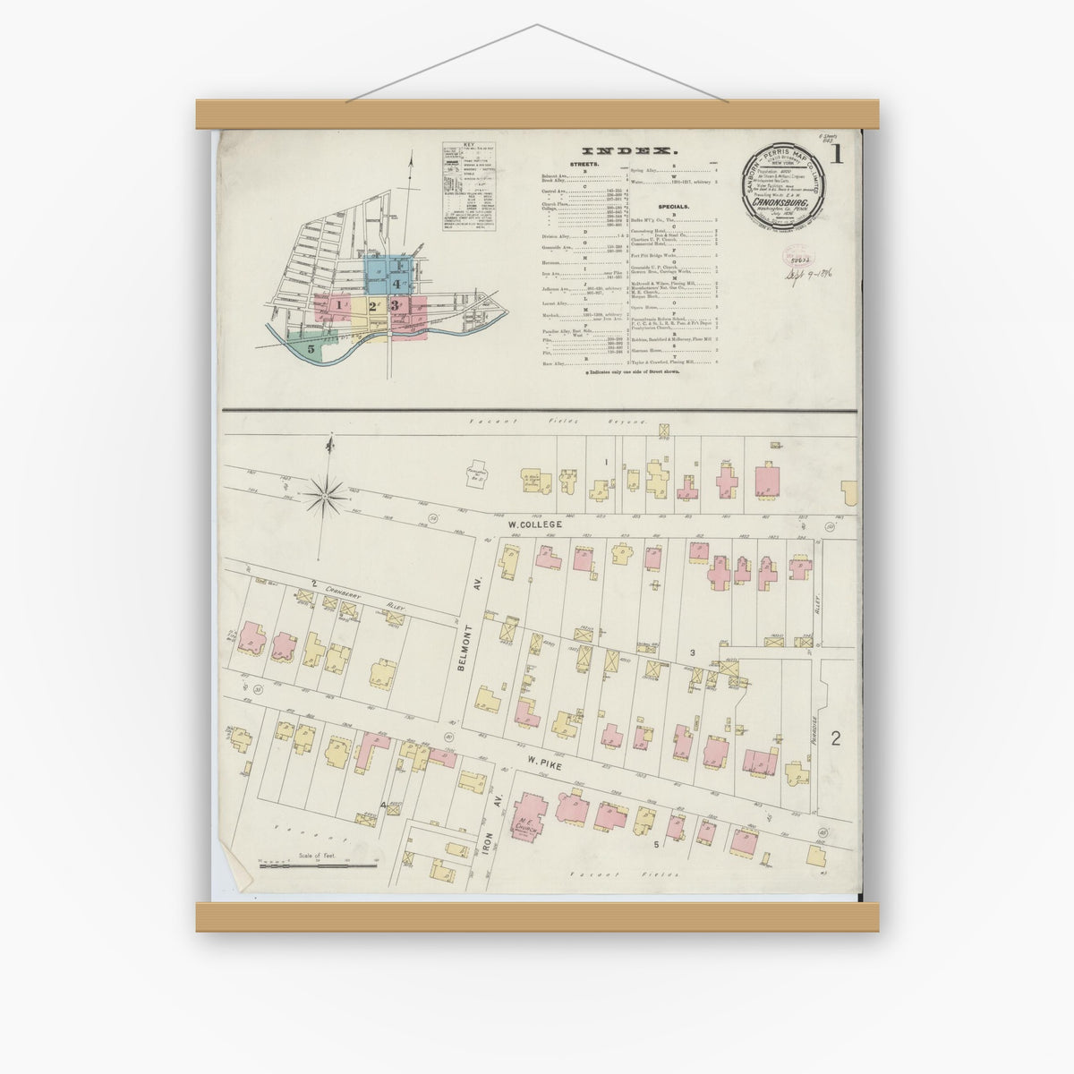 Old map wall art mockup — magnetic wood frame on white wall — Sanborn Fire Insurance Map from Canonsburg, Washington County, Pennsylvania (1896) - Complete Map Set