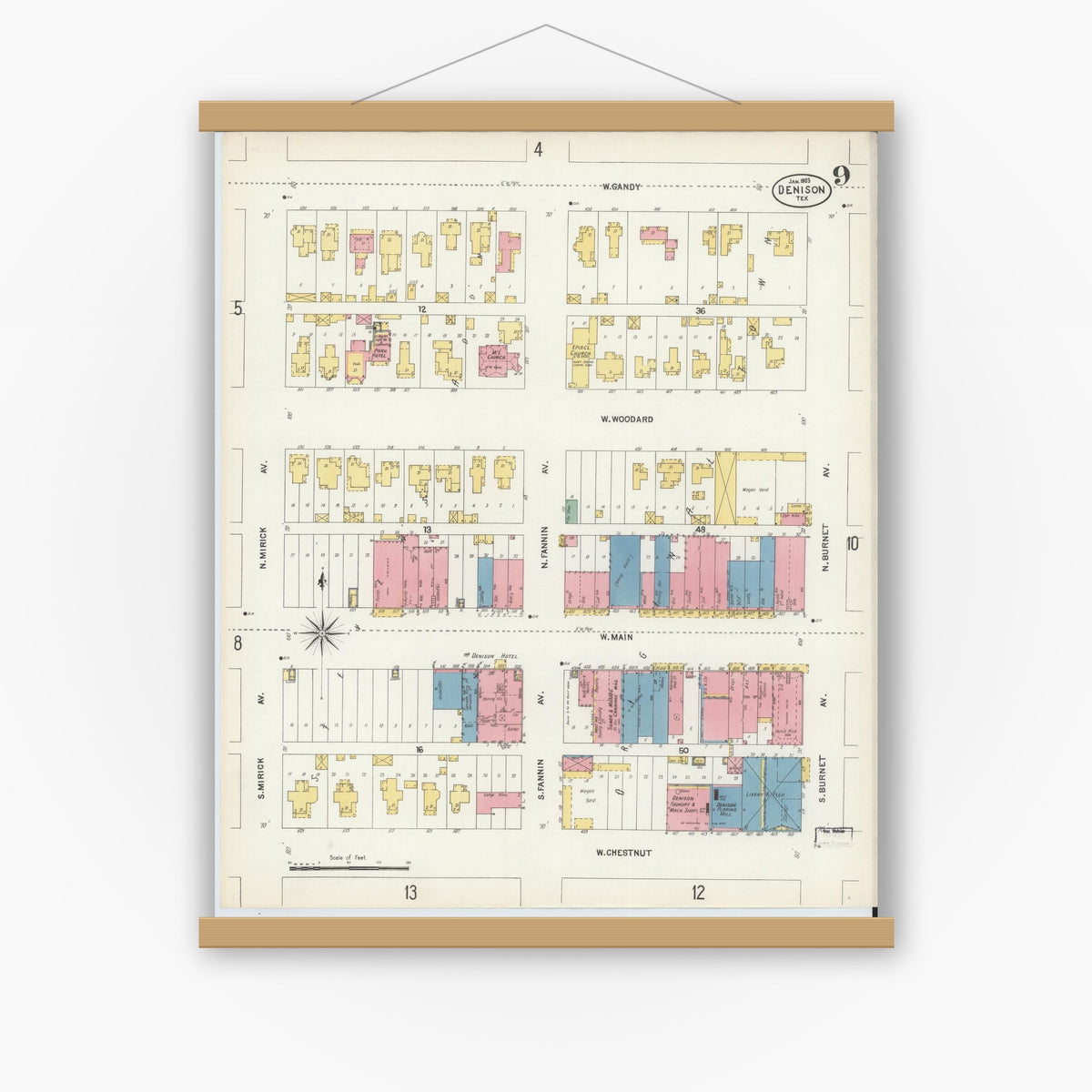 Old map wall art mockup — magnetic wood frame on white wall — Sanborn Fire Insurance Map from Denison, Grayson County, Texas (1903), Sheet #0009