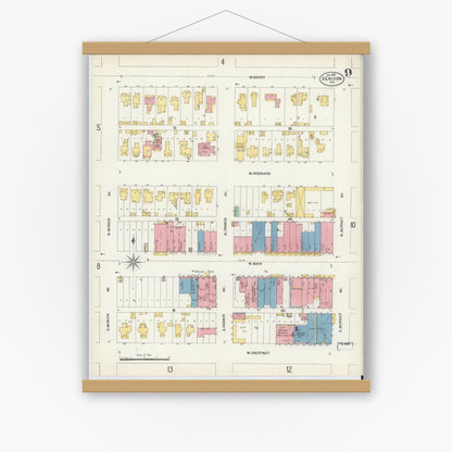 Old map wall art mockup — magnetic wood frame on white wall — Sanborn Fire Insurance Map from Denison, Grayson County, Texas (1903), Sheet #0009