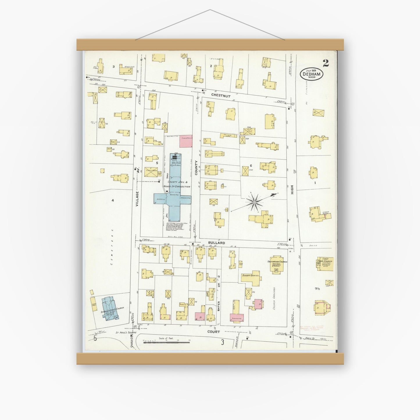 Old map wall art mockup — magnetic wood frame on white wall — Sanborn Fire Insurance Map from Dedham, Norfolk County, Massachusetts (1909), Sheet #0002