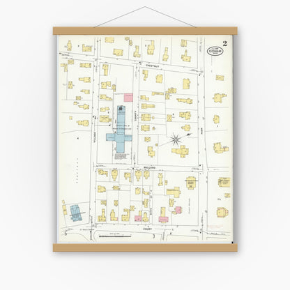 Old map wall art mockup — magnetic wood frame on white wall — Sanborn Fire Insurance Map from Dedham, Norfolk County, Massachusetts (1909), Sheet #0002