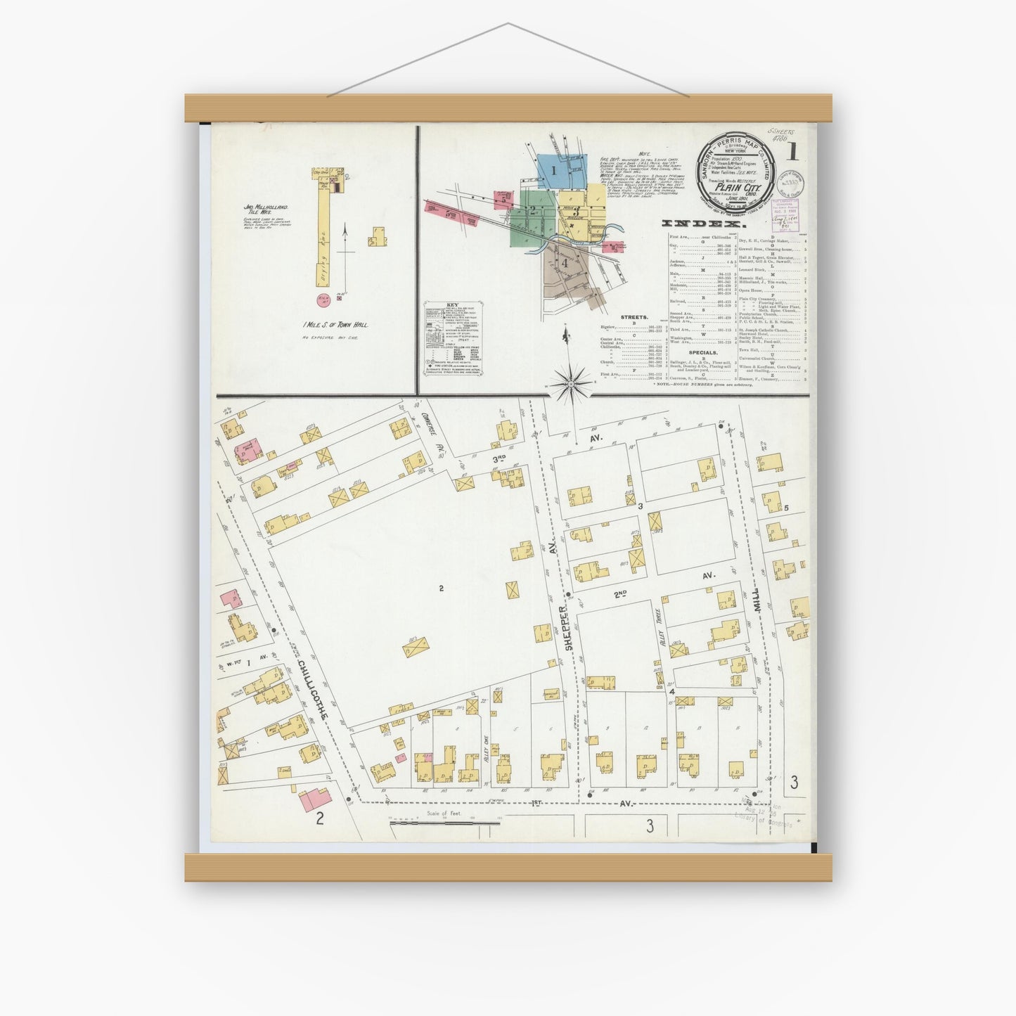 Old map wall art mockup — magnetic wood frame on white wall — Sanborn Fire Insurance Map from Plain City, Madison And Union Counties, Ohio (1901), Sheet #0001