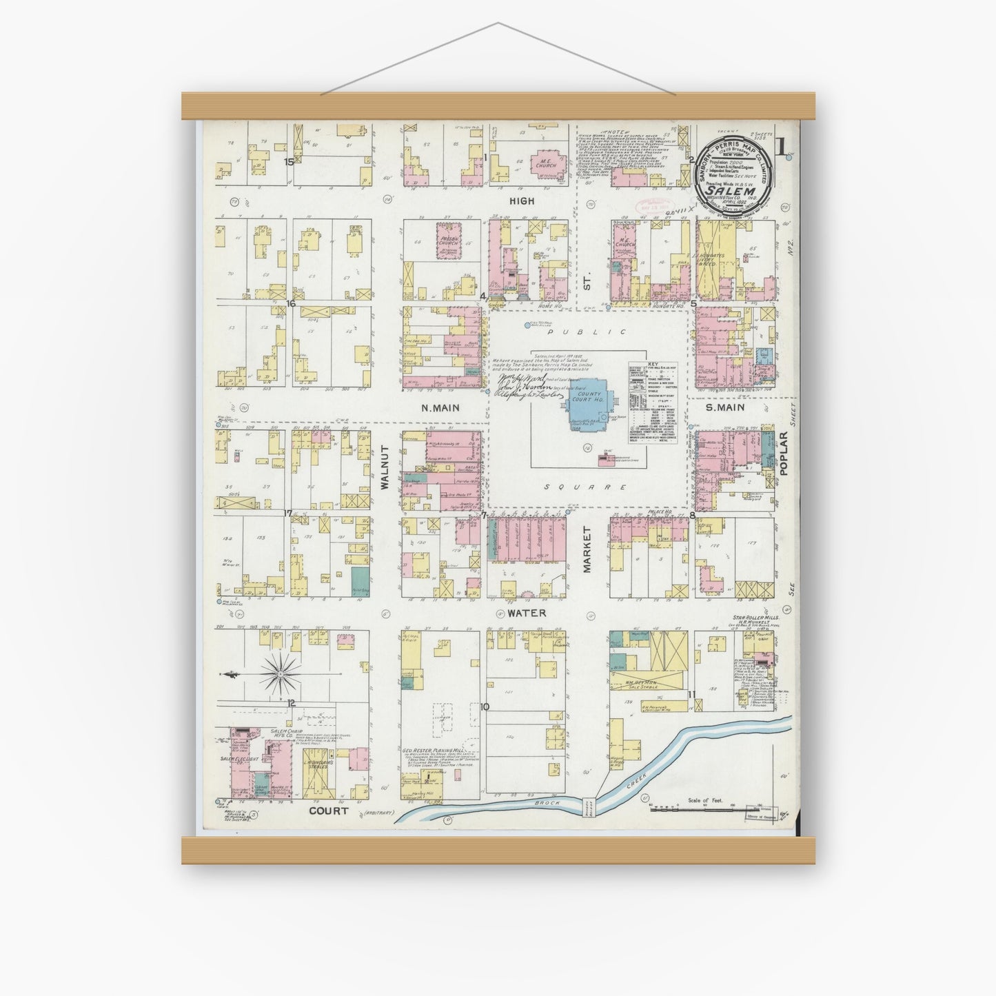 Old map wall art mockup — magnetic wood frame on white wall — Sanborn Fire Insurance Map from Salem, Washington County, Indiana (1892) - Complete Map Set