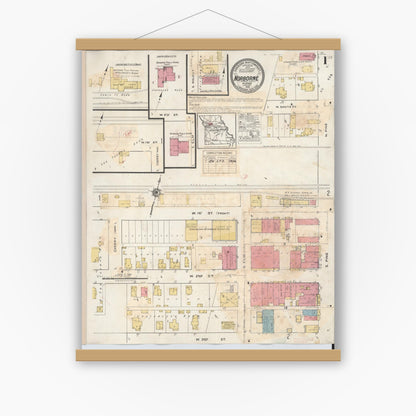 Old map wall art mockup — magnetic wood frame on white wall — Sanborn Fire Insurance Map from Norborne, Carroll County, Missouri (1933) - Complete Map Set