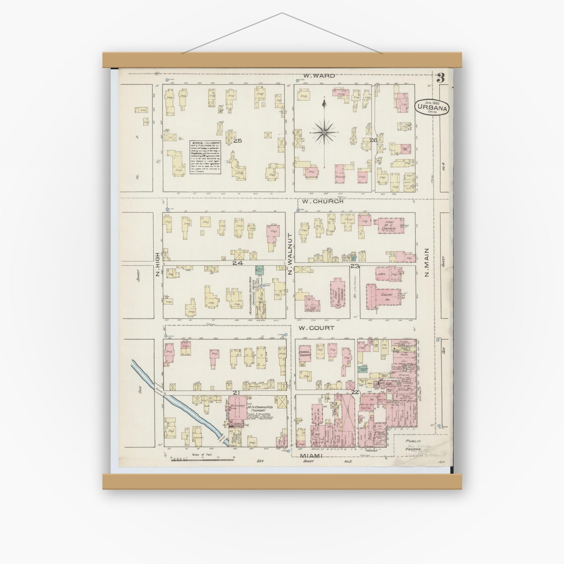 Old map wall art mockup — magnetic wood frame on white wall — Sanborn Fire Insurance Map from Urbana, Champaign County, Ohio (1885), Sheet #0003