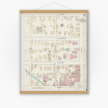 Old map wall art mockup — magnetic wood frame on white wall — Sanborn Fire Insurance Map from Urbana, Champaign County, Ohio (1885), Sheet #0003