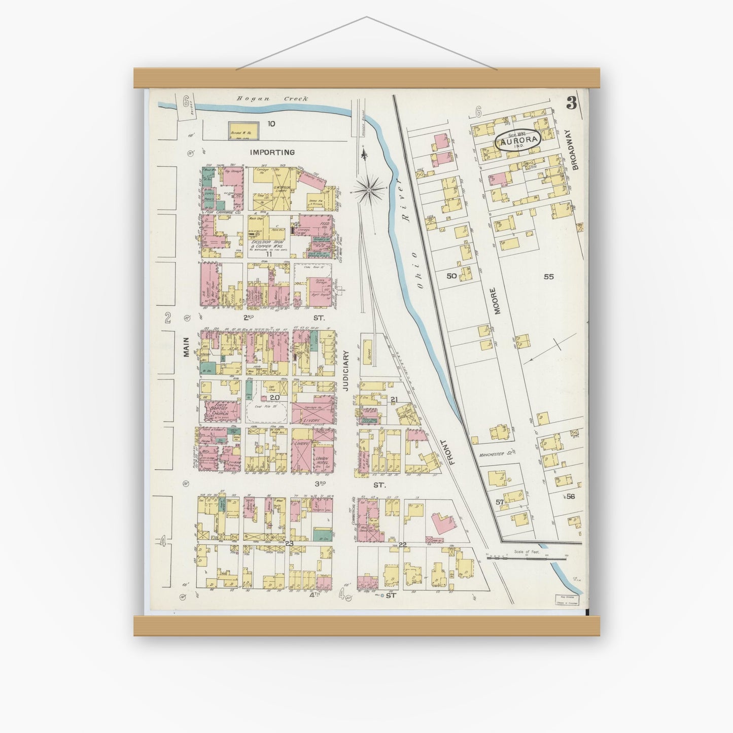 Old map wall art mockup — magnetic wood frame on white wall — Sanborn Fire Insurance Map from Aurora, Dearborn County, Indiana (1892), Sheet #0003