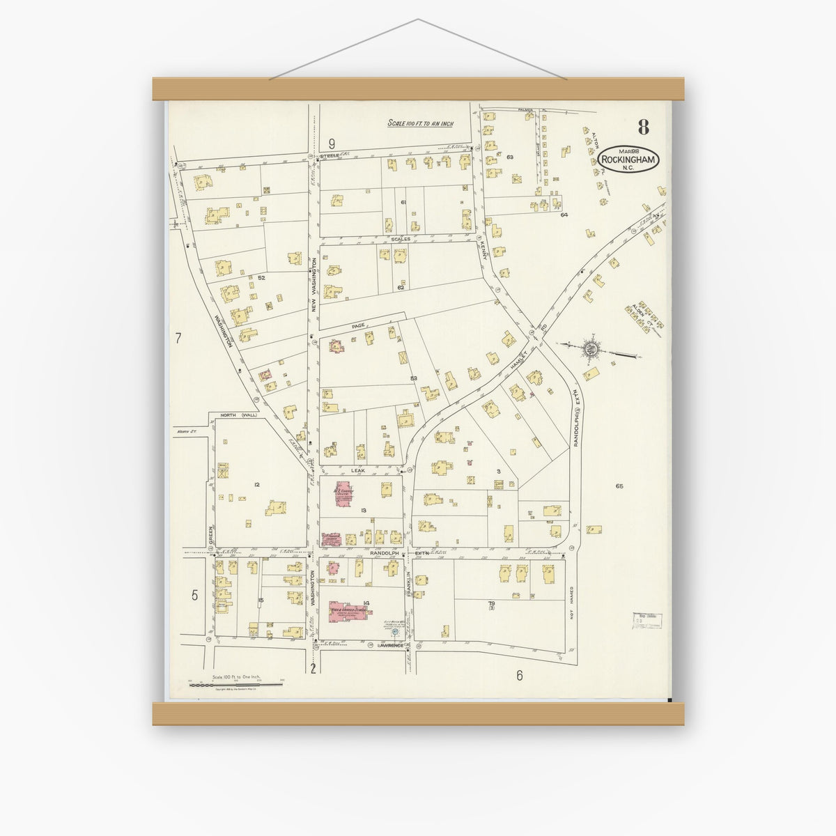 Old map wall art mockup — magnetic wood frame on white wall — Sanborn Fire Insurance Map from Rockingham, Richmond County, North Carolina (1918), Sheet #0008