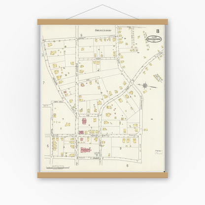 Old map wall art mockup — magnetic wood frame on white wall — Sanborn Fire Insurance Map from Rockingham, Richmond County, North Carolina (1918), Sheet #0008