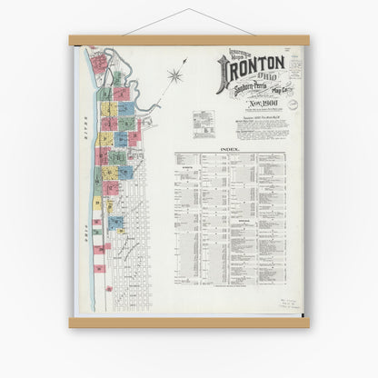 Old map wall art mockup — magnetic wood frame on white wall — Sanborn Fire Insurance Map from Ironton, Lawrence County, Ohio (1900), Sheet #0001