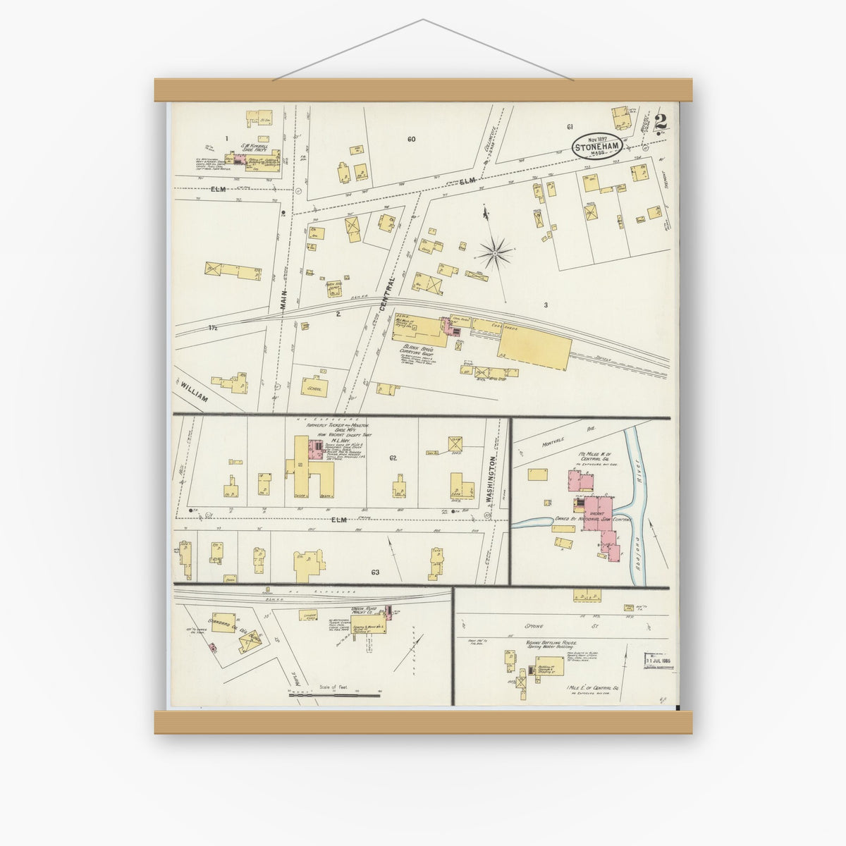 Old map wall art mockup — magnetic wood frame on white wall — Sanborn Fire Insurance Map from Stoneham, Middlesex County, Massachusetts (1897), Sheet #0002