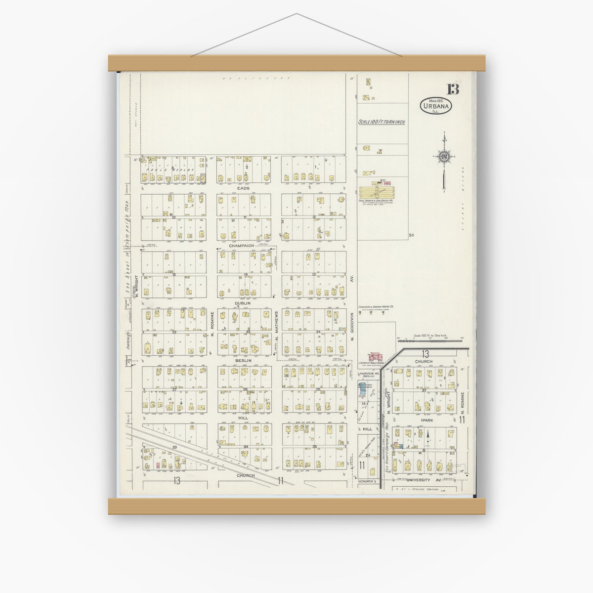 Old map wall art mockup — magnetic wood frame on white wall — Sanborn Fire Insurance Map from Urbana, Champaign County, Illinois (1915), Sheet #0013