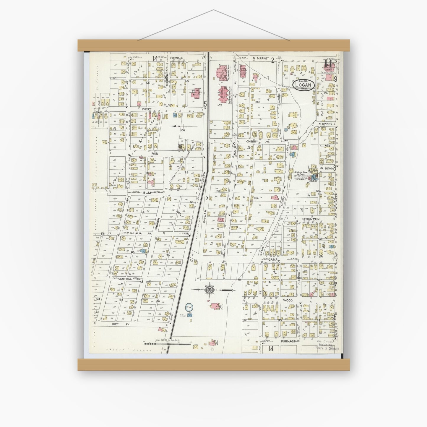 Old map wall art mockup — magnetic wood frame on white wall — Sanborn Fire Insurance Map from Logan, Hocking County, Ohio (1914), Sheet #0014