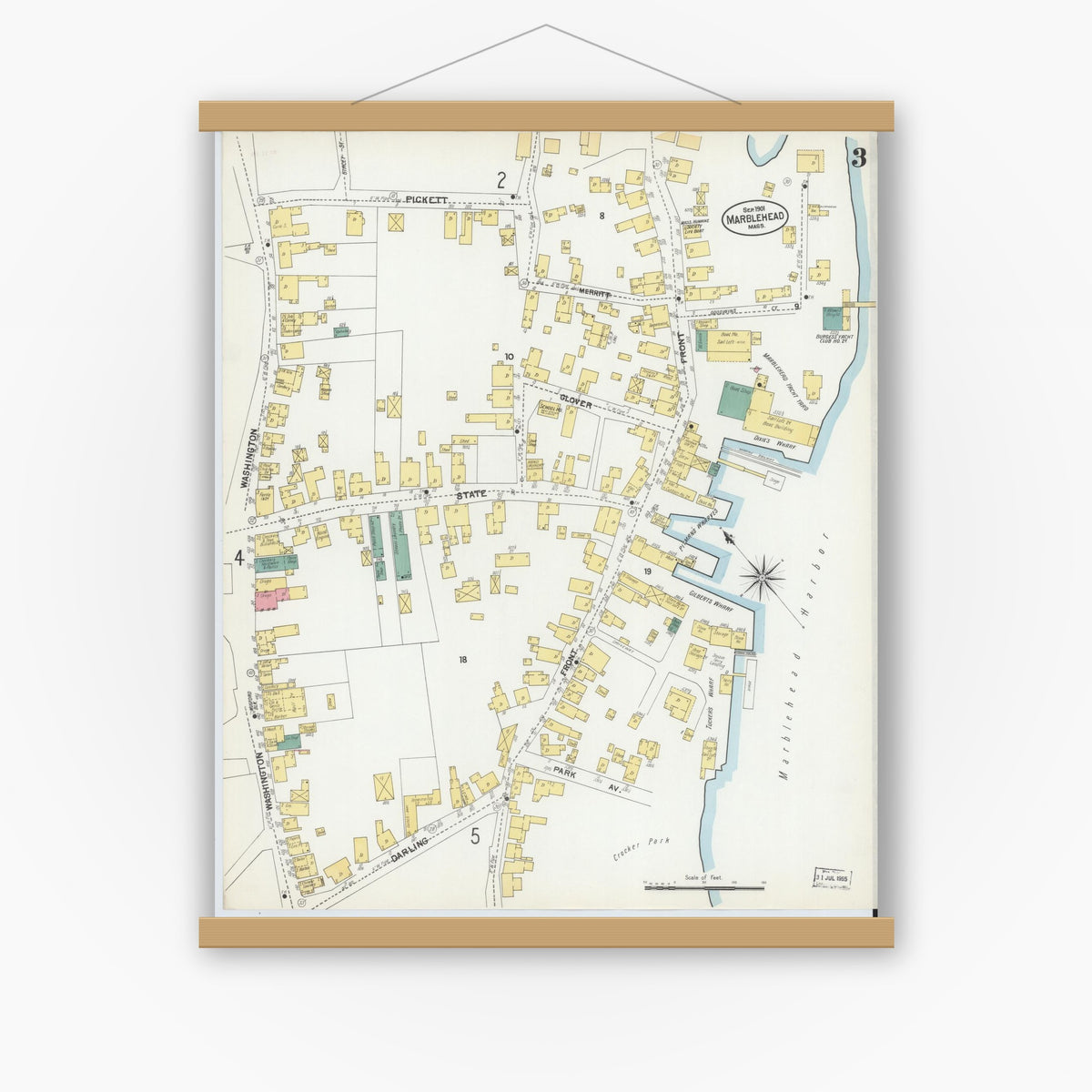 Old map wall art mockup — magnetic wood frame on white wall — Sanborn Fire Insurance Map from Marblehead, Essex County, Massachusetts (1901), Sheet #0003