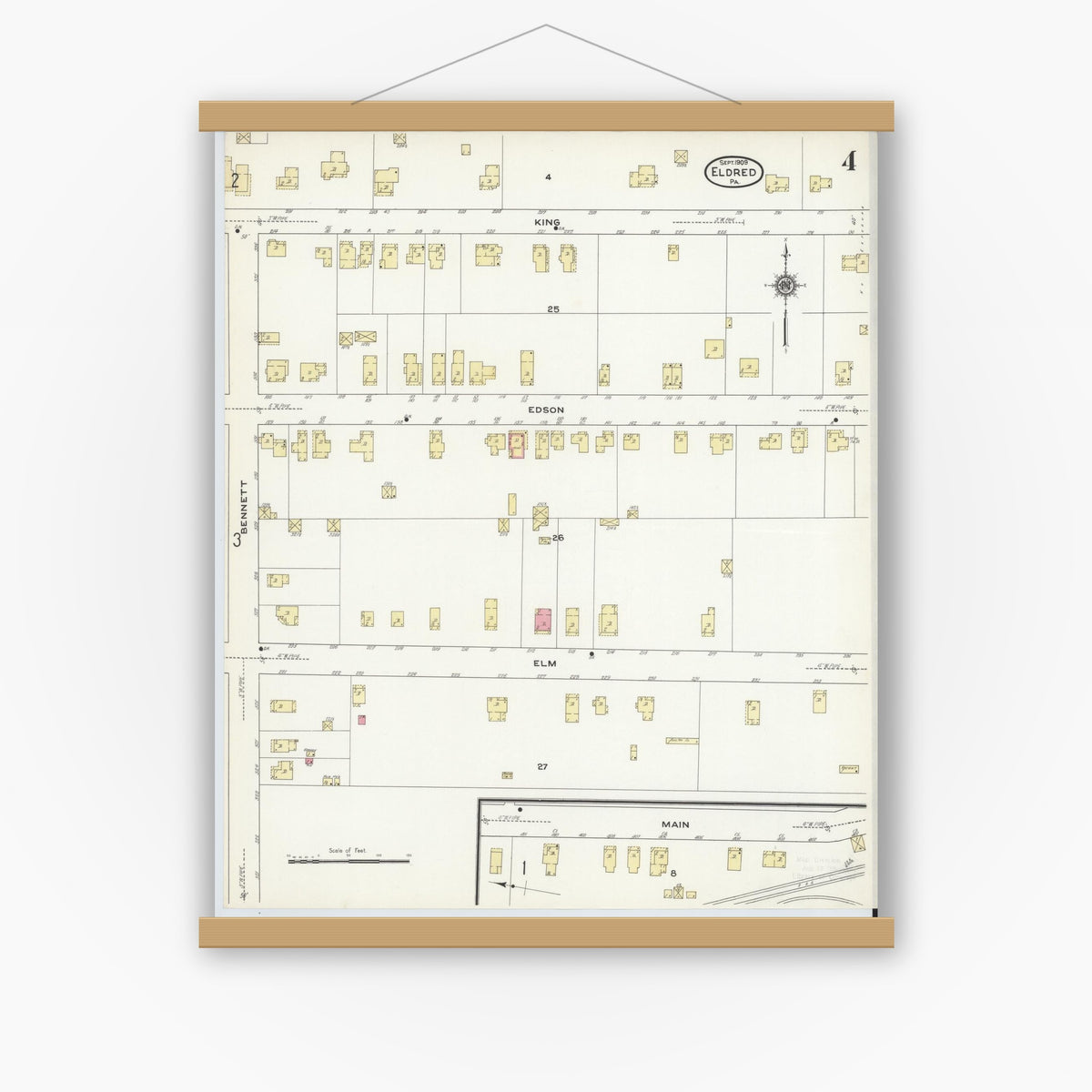 Old map wall art mockup — magnetic wood frame on white wall — Sanborn Fire Insurance Map from Eldred, McKean County, Pennsylvania (1909), Sheet #0004