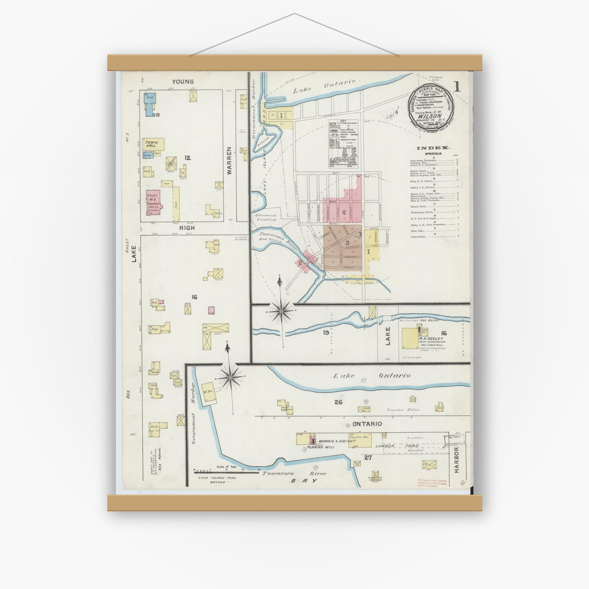 Old map wall art mockup — magnetic wood frame on white wall — Sanborn Fire Insurance Map from Wilson, Niagara County, New York (1891), Sheet #0001