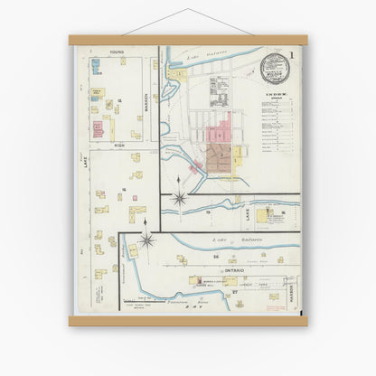 Old map wall art mockup — magnetic wood frame on white wall — Sanborn Fire Insurance Map from Wilson, Niagara County, New York (1891), Sheet #0001