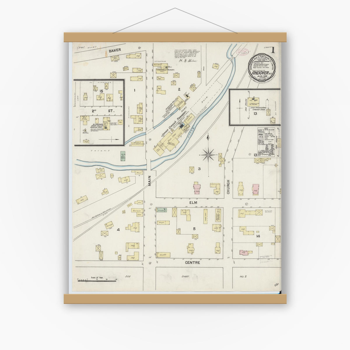 Old map wall art mockup — magnetic wood frame on white wall — Sanborn Fire Insurance Map from Andover, Allegany County, New York (1888), Sheet #0001