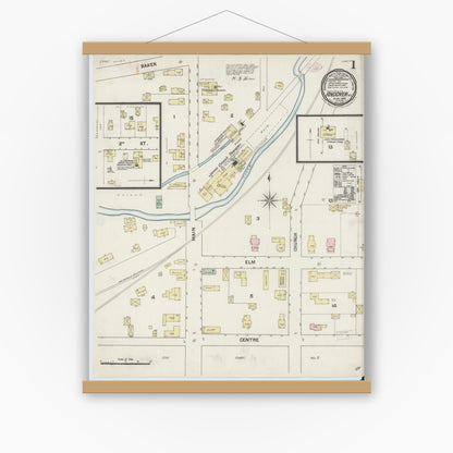 Old map wall art mockup — magnetic wood frame on white wall — Sanborn Fire Insurance Map from Andover, Allegany County, New York (1888), Sheet #0001