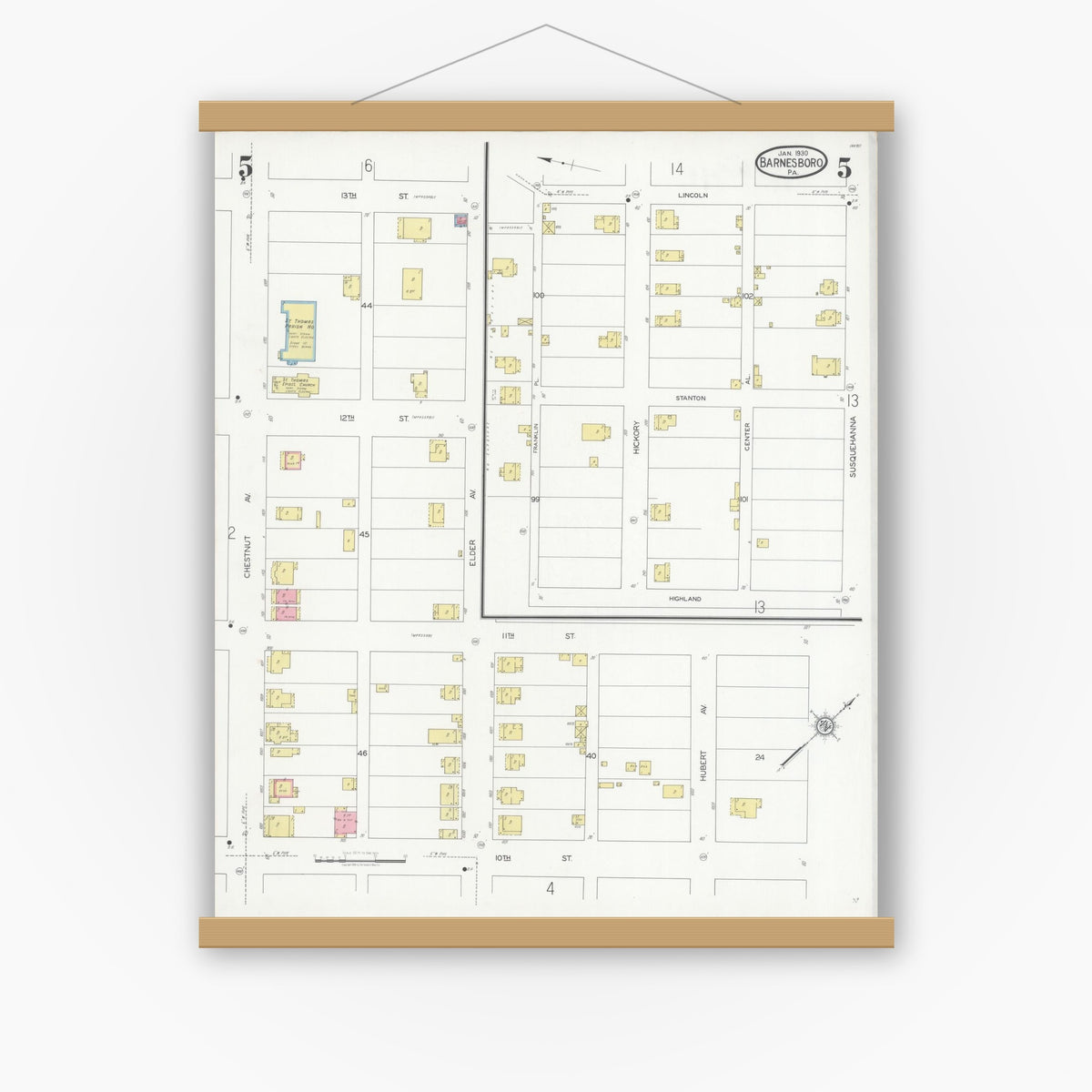 Old map wall art mockup — magnetic wood frame on white wall — Sanborn Fire Insurance Map from Barnesboro, Cambria County, Pennsylvania (1930), Sheet #0005