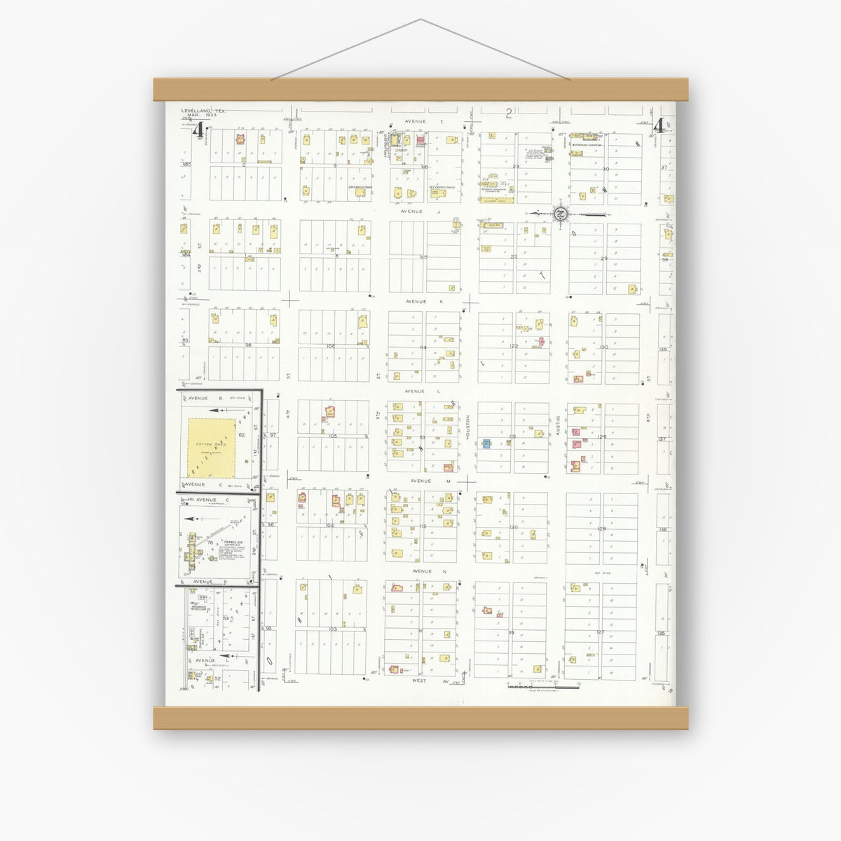 Old map wall art mockup — magnetic wood frame on white wall — Sanborn Fire Insurance Map from Levelland, Hockley County, Texas (1933), Sheet #0004