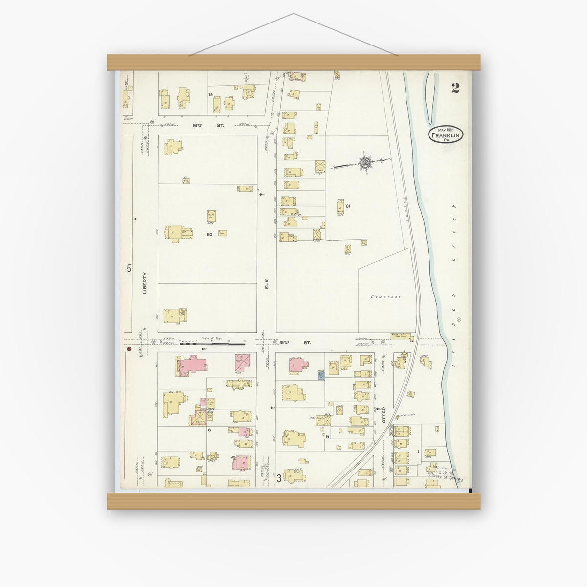 Old map wall art mockup — magnetic wood frame on white wall — Sanborn Fire Insurance Map from Franklin, Venango County, Pennsylvania (1912), Sheet #0002
