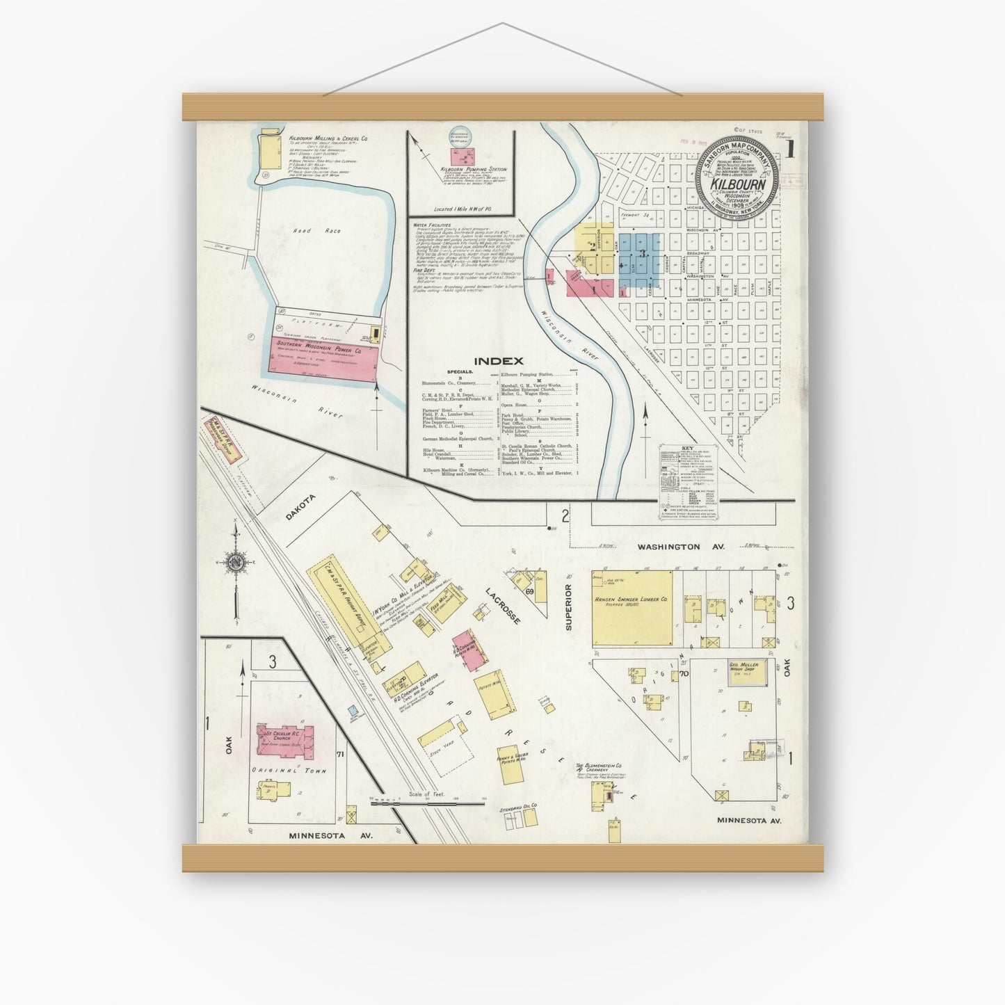 Old map wall art mockup — magnetic wood frame on white wall — Sanborn Fire Insurance Map from Kilbourn, Columbia County, Wisconsin (1909) - Complete Map Set