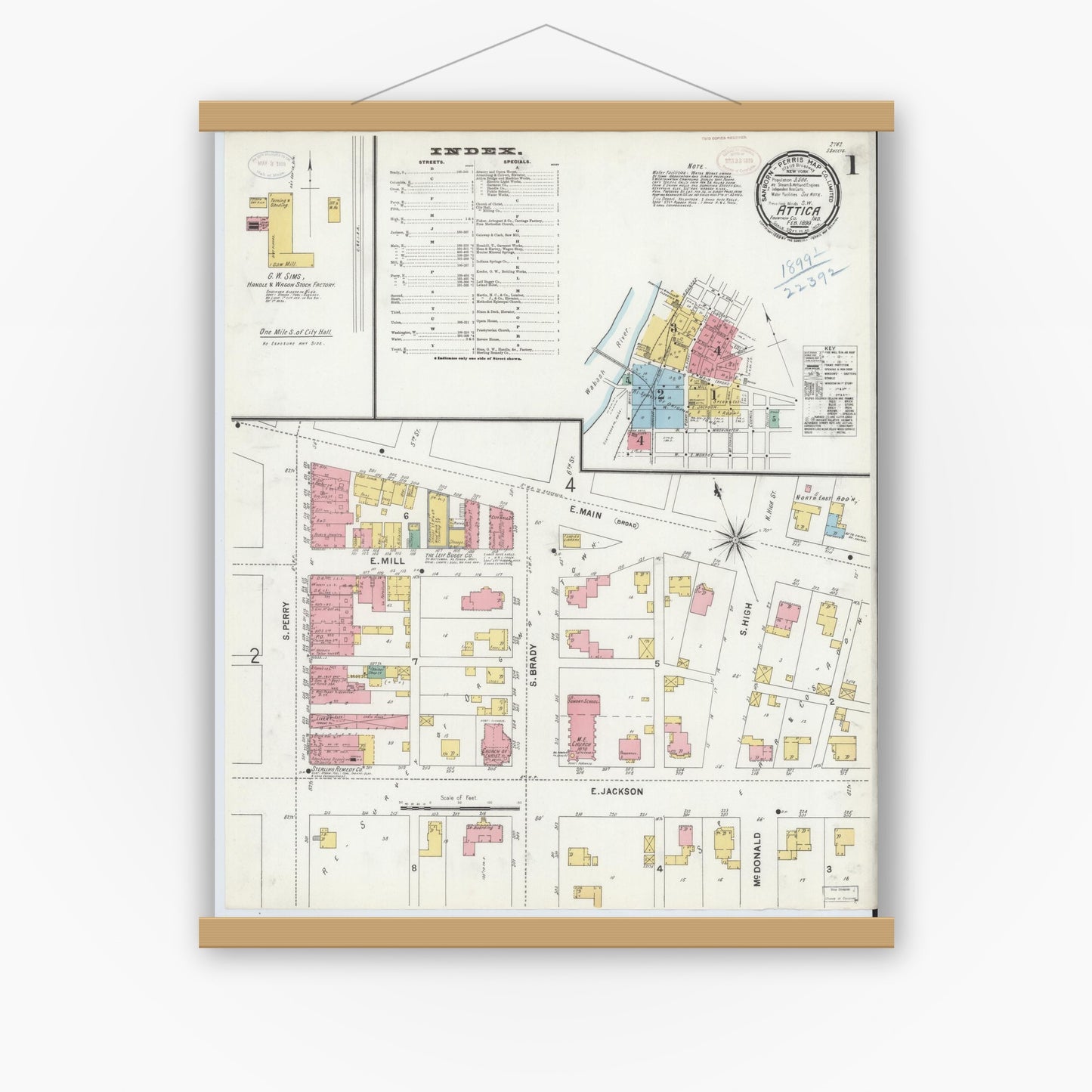 Old map wall art mockup — magnetic wood frame on white wall — Sanborn Fire Insurance Map from Attica, Fountain County, Indiana (1899), Sheet #0001