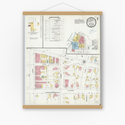 Old map wall art mockup — magnetic wood frame on white wall — Sanborn Fire Insurance Map from Attica, Fountain County, Indiana (1899), Sheet #0001