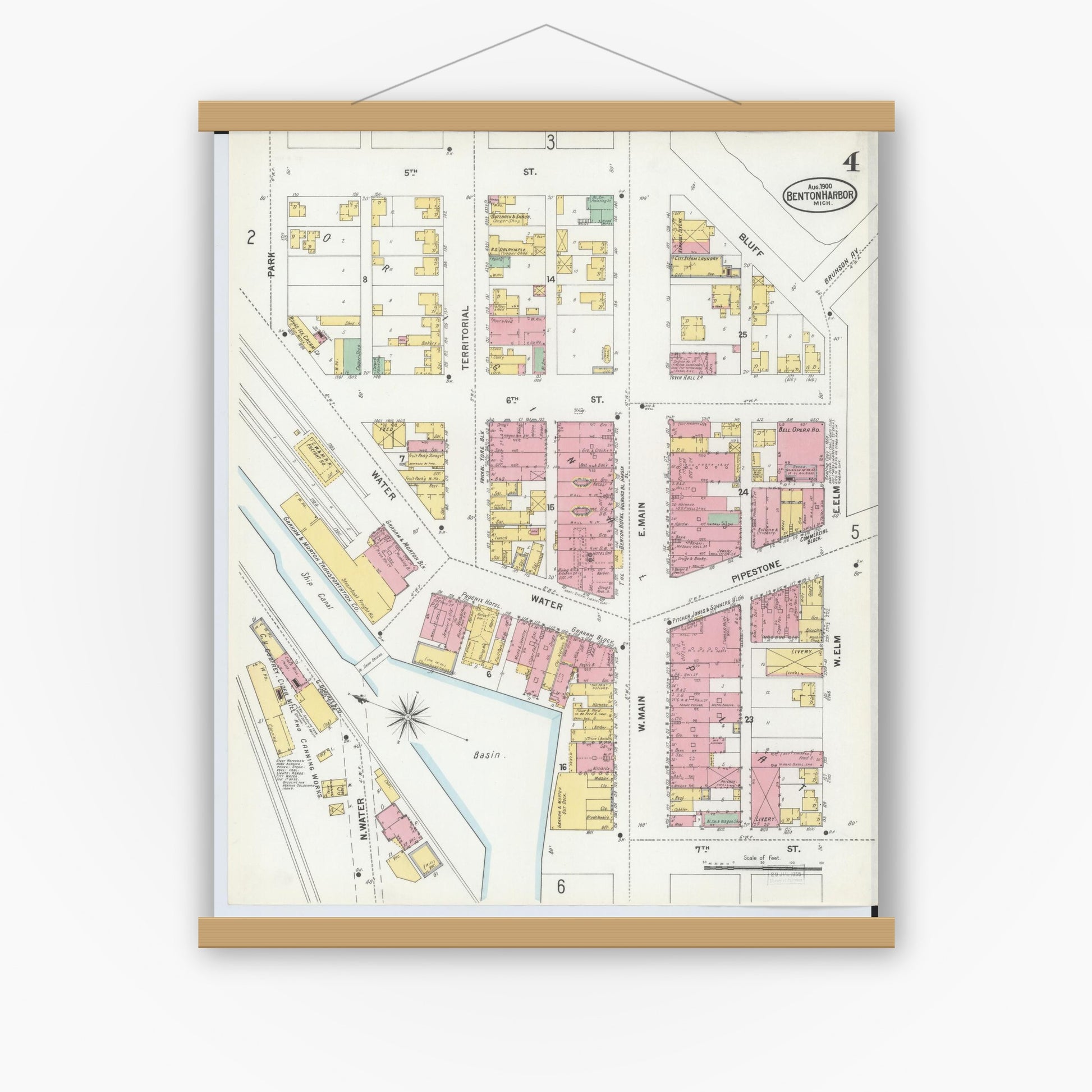 Old map wall art mockup — magnetic wood frame on white wall — Sanborn Fire Insurance Map from Benton Harbor, Berrien County, Michigan (1900), Sheet #0004