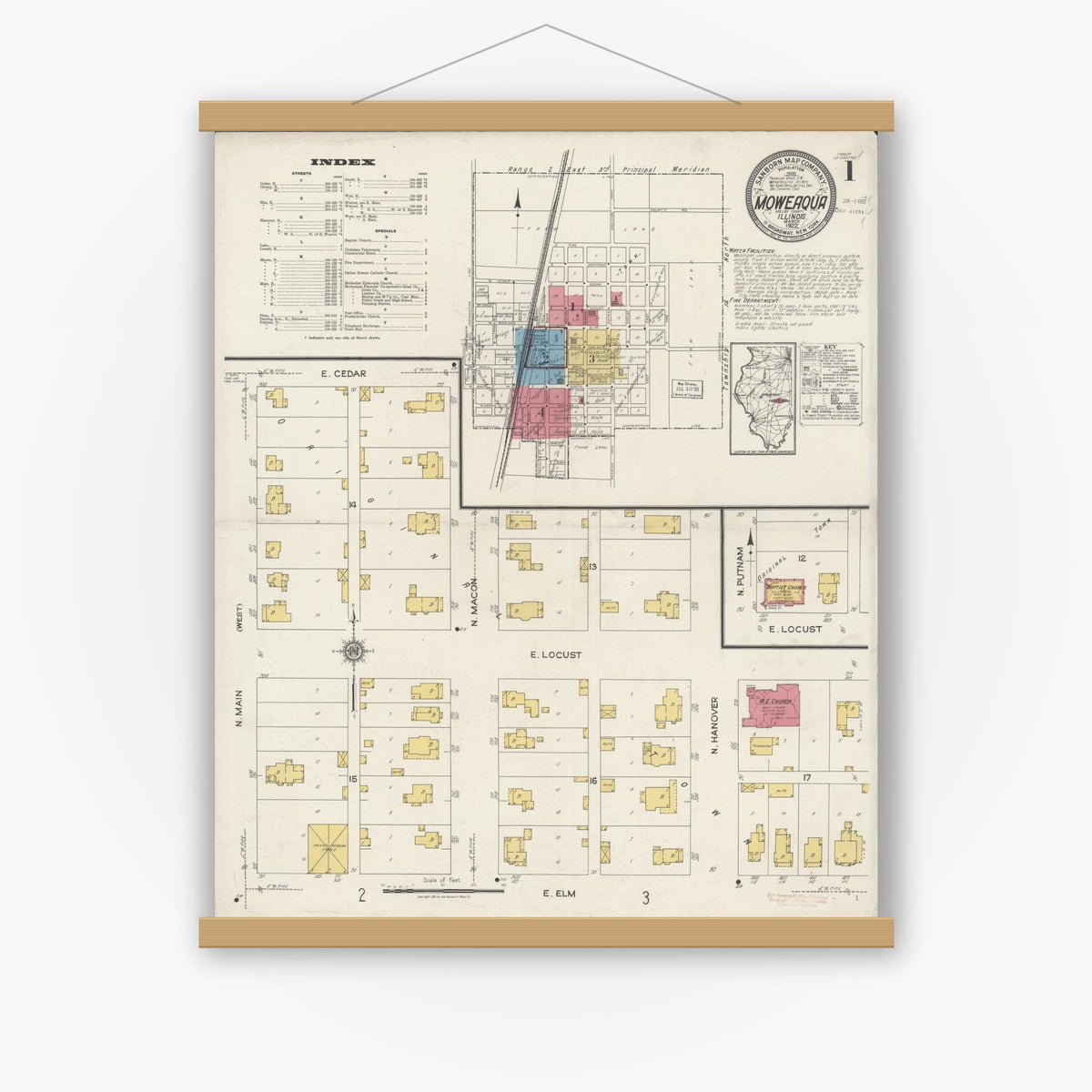 Old map wall art mockup — magnetic wood frame on white wall — Sanborn Fire Insurance Map from Moweaqua, Shelby County, Illinois (1922) - Complete Map Set